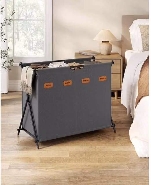 The Bazaarist 4 Compartment Foldable X Frame Laundry Basket in Dark Grey