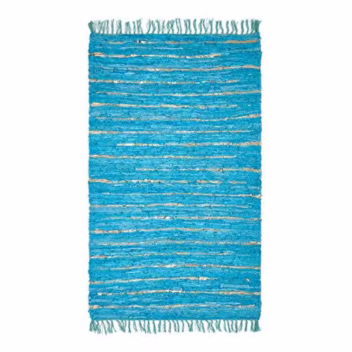 Homescapes Woven Leather and Cotton Glitter Rug in Turquoise and Gold, W: 90 cm, L: 150 cm – 2