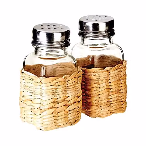 Orsina Salt and Pepper Shaker Set with Transparent Glass Bottles and Brown Rattan Woven Design – 1