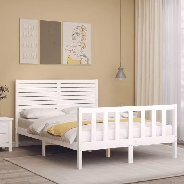 Berkfield Home Beautiful Bed Frame with Headboard in White Solid Pine Wood W/D/H: 140 x 200 x 145.5 cm – 1