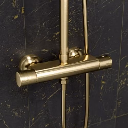 Nes Home Brushed Brass Round Exposed Thermostatic Shower Kit with Overhead Shower and Hand Shower – 2