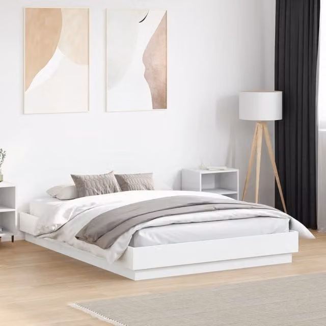 Berkfield Home White Engineered Wood Bed Frame with Flat Fixed Wood Slats W/D/H: 140 x 190 cm