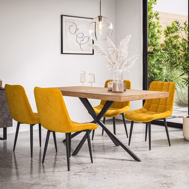 More4Homes Donni Dining Table and 6 Nova Velvet Chairs Set, Oak Effect and Black with Mustard Yellow Chairs, W/D/H: 160 x 80 x 76 cm