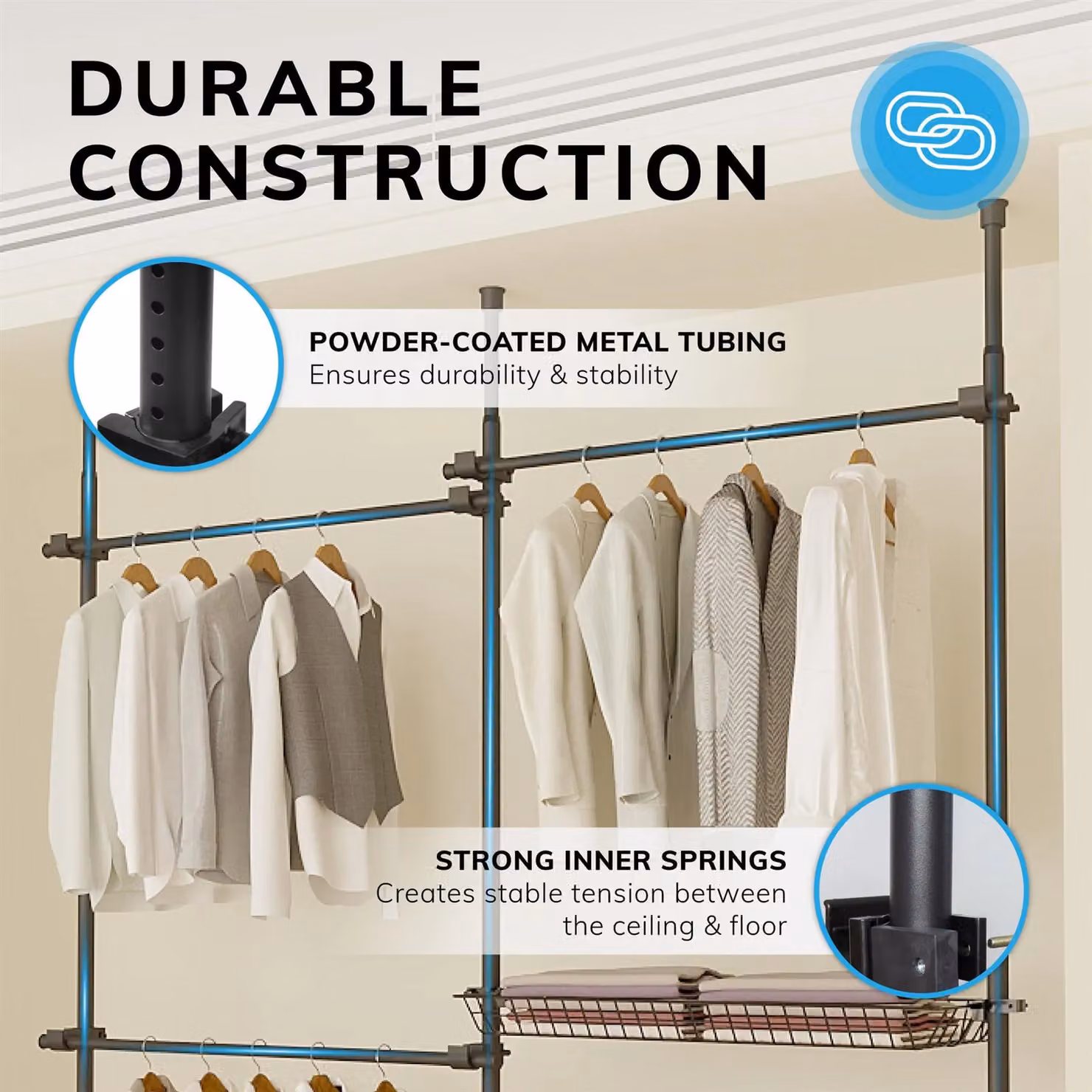 House of Home Telescopic Double Clothes Rail in Matt Black with Storage Baskets, W: 120 cm, H: 130 cm, D: 38 cm – 2