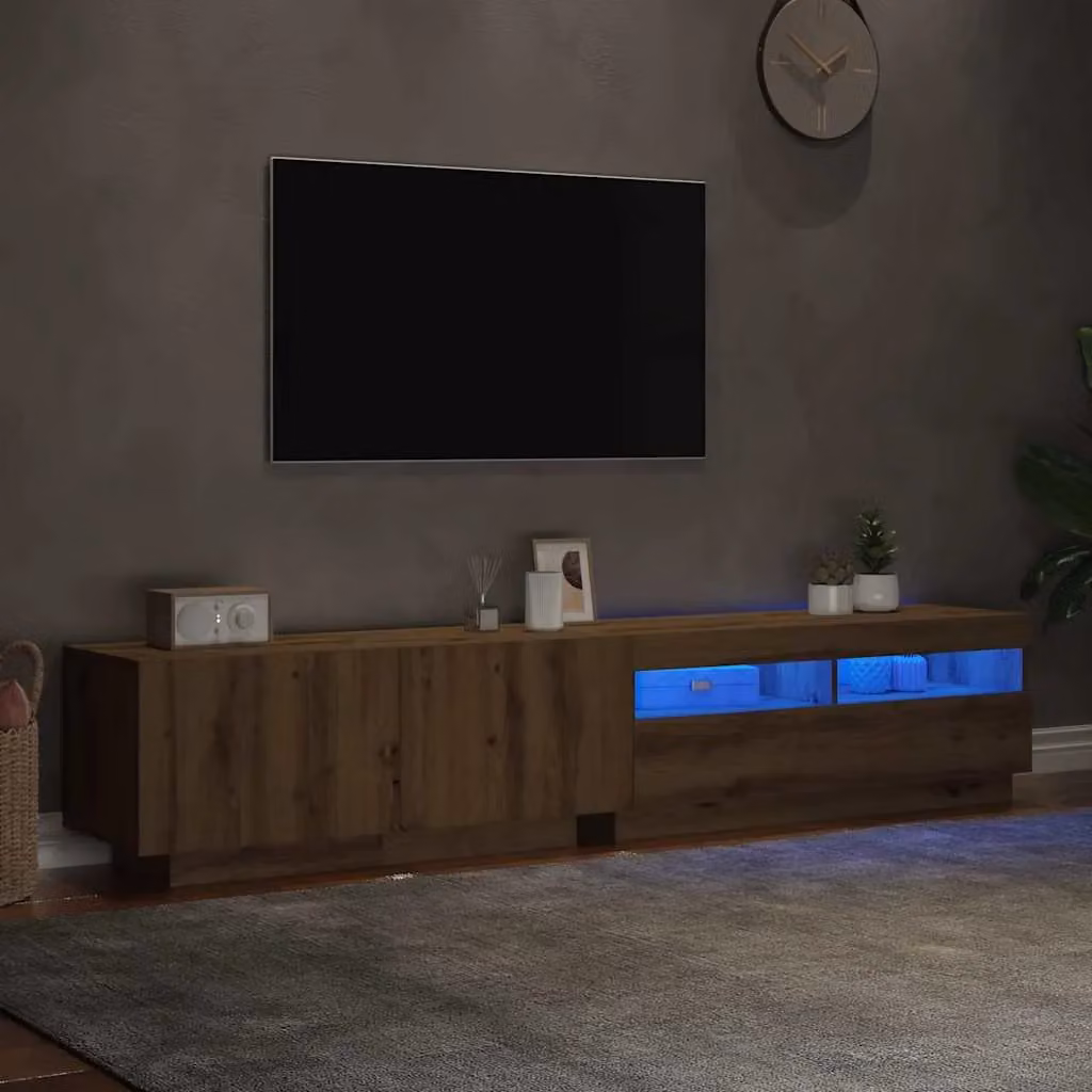 Berkfield Home Artisan Oak TV Cabinet with LED Lights in Brown, W/D/H: 200 x 35 x 40 cm – 3