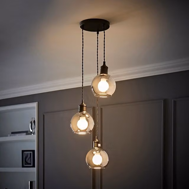Bellamy Smoked Glass Globe 3 Drop Cluster Ceiling Pendant Light with LED Bulbs in Black
