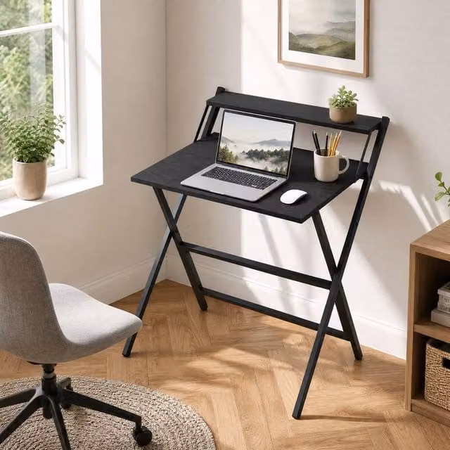 STILVORA Modern Black Metal Desk with Monitor Shelf and Folding Frame – 1