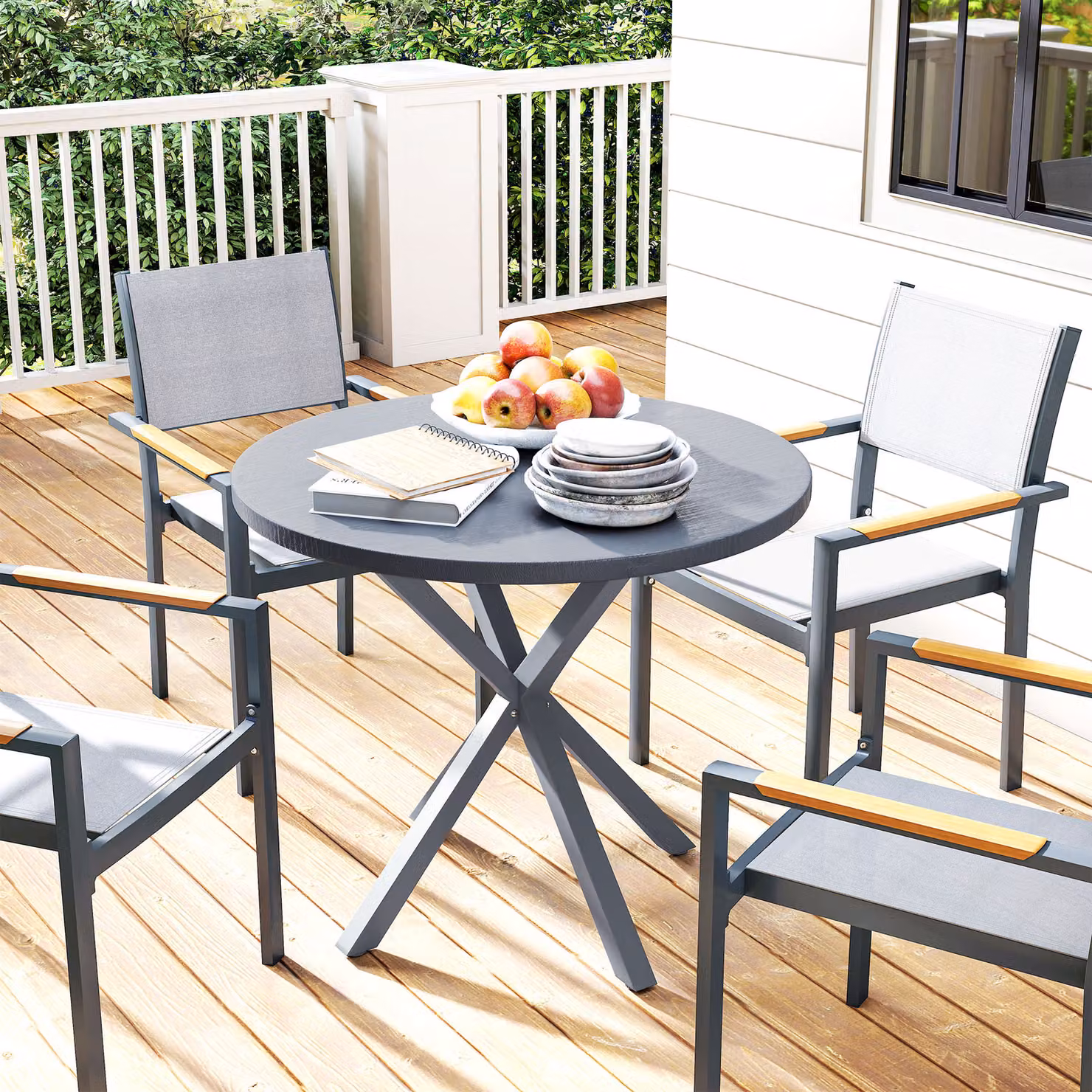 Outsunny Round Garden Dining Table with Wood Effect MDF Top and Powder Coated Steel Frame, Grey, Diameter: 85 cm – 8