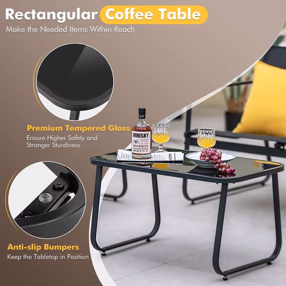 Costway 4-Piece Black Garden Furniture Set with Upholstered 2-Seater Sofa, 2 Armchairs and Coffee Table – 5