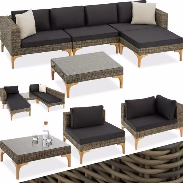 Tectake Konstanza Brown L-Shape Garden Sofa Set with Ottoman and Coffee Table