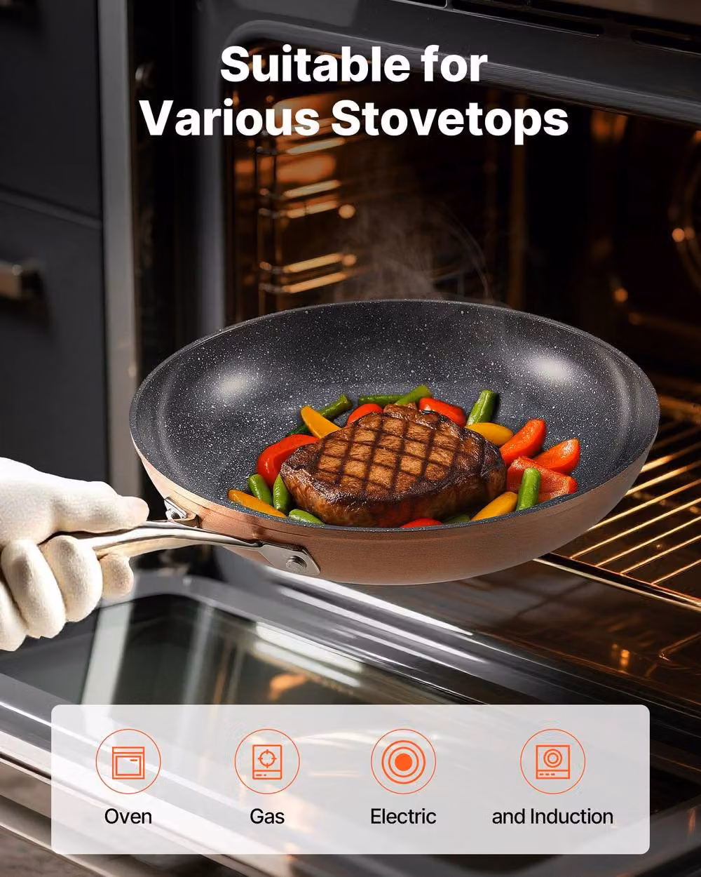 VEVOR 3 Piece Nonstick Ceramic Heavy-Duty Frying Pan Set in Grey and Copper – 3