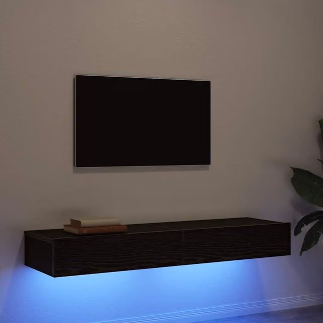 Berkfield Home Set of 2 Modern TV Cabinets with LED Lights in Black Oak, W: 60 cm, D: 35 cm, H: 15.5 cm