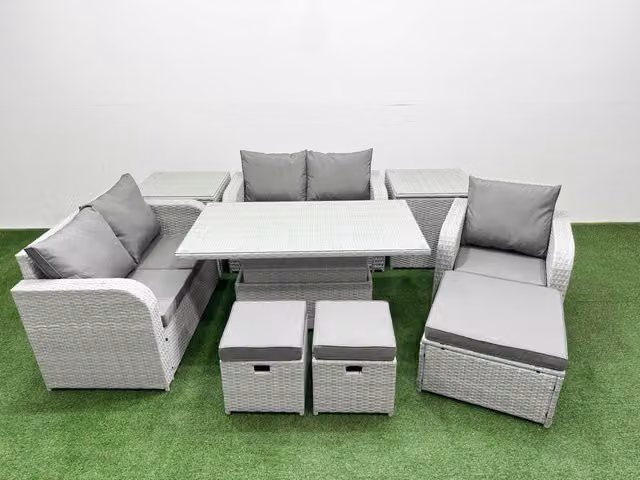 Fimous Grey Poly Rattan Garden Furniture Set with High Back Reclining Chair, Loveseat Sofa, and Adjustable Lifting Table