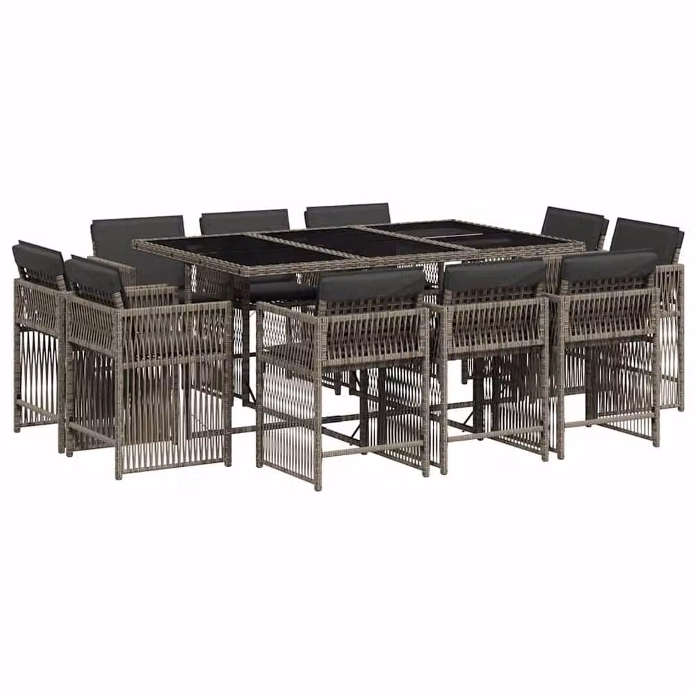 Berkfield Home 11 Piece Grey Poly Rattan Garden Dining Set with Cushions and Glass Tabletop – 2