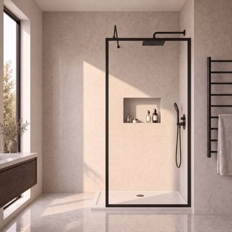 Balterley 8mm Single Panel Clear Glass Wetroom Screen and Support Bar in Black, W: 100 cm, H: 185 cm