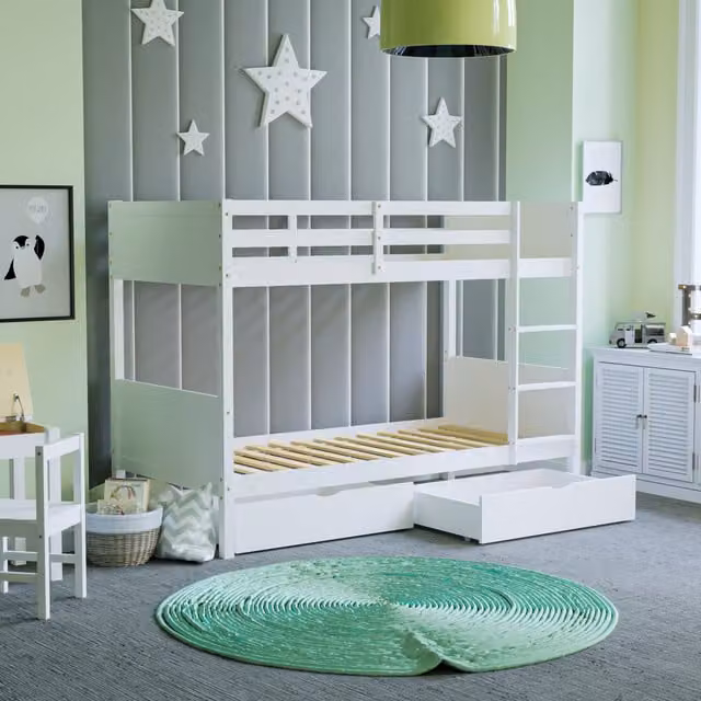 Junior Vida Gemini Single Bunk Bed with Drawers in White Solid Pine Wood, H: 197 cm x W: 90 cm x D: 144.5 cm