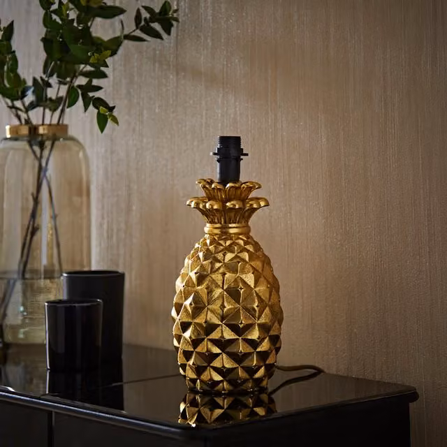 ValueLights Pineapple Quirky Table Lamp in Gold/Brass with Black Fabric Shade