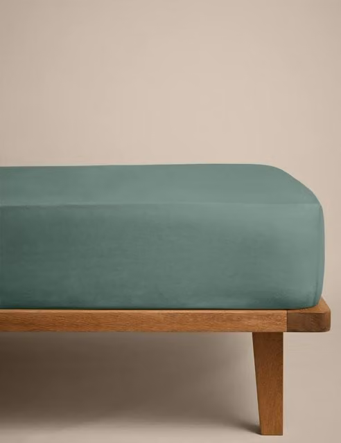 M&S Cotton Rich Breathable Fitted Sheet, Smokey Green, W: 120 cm, L: 200 cm