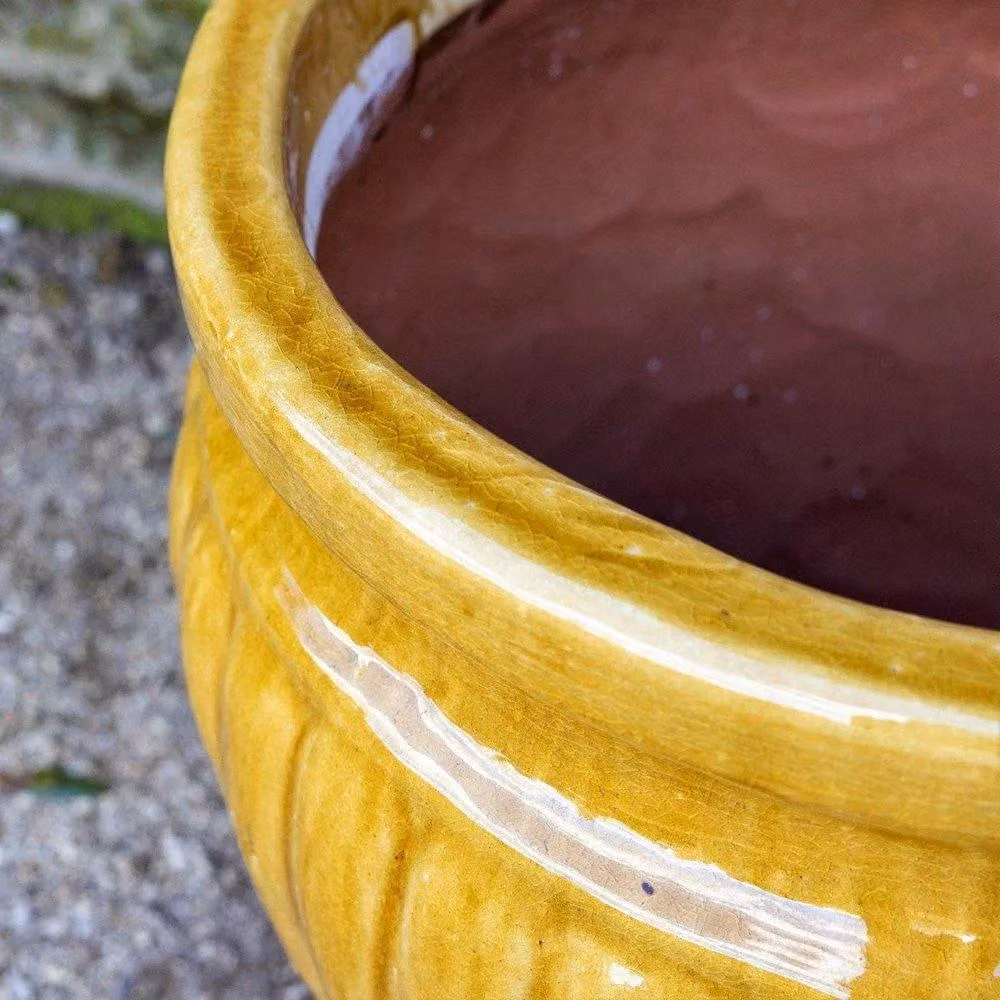 Primrose Rib Textured Glazed Terracotta Round Planter in Gloss Yellow, Diameter: 65 cm – 3