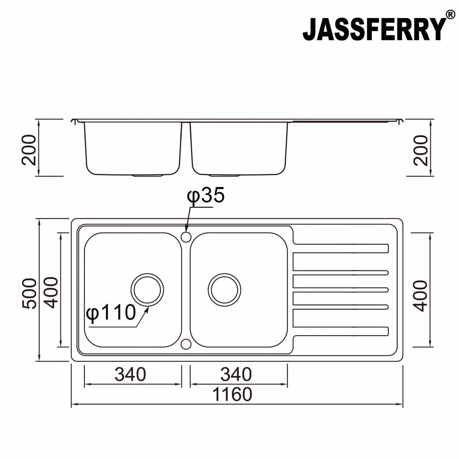 JASSFERRY Reversible Double Bowl Built-in Stainless Steel Kitchen Sink in Silver, W: 116 cm x D: 50 cm x H: 20 cm – 2