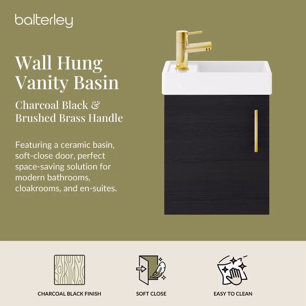 Balterley Wall Mounted Vanity Basin in Black with Brushed Brass Handle, W: 40 cm, H: 52 cm, D: 40 cm – 2