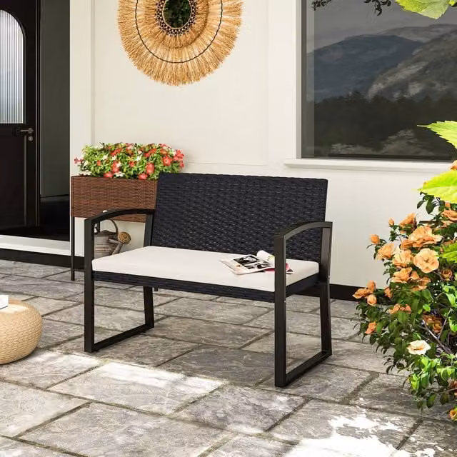 OUTSUNNY 2 Seater Rattan Garden Bench with Cushions and Armrests, Black and Beige