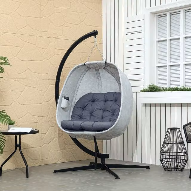 Outsunny Hanging Egg Swing Chair with Folding Basket and Stand in Grey