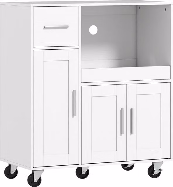 HOMCOM White Rolling Kitchen Cart with Microwave Cabinet, Sliding Tray, Drawer and 3-Door Cupboard