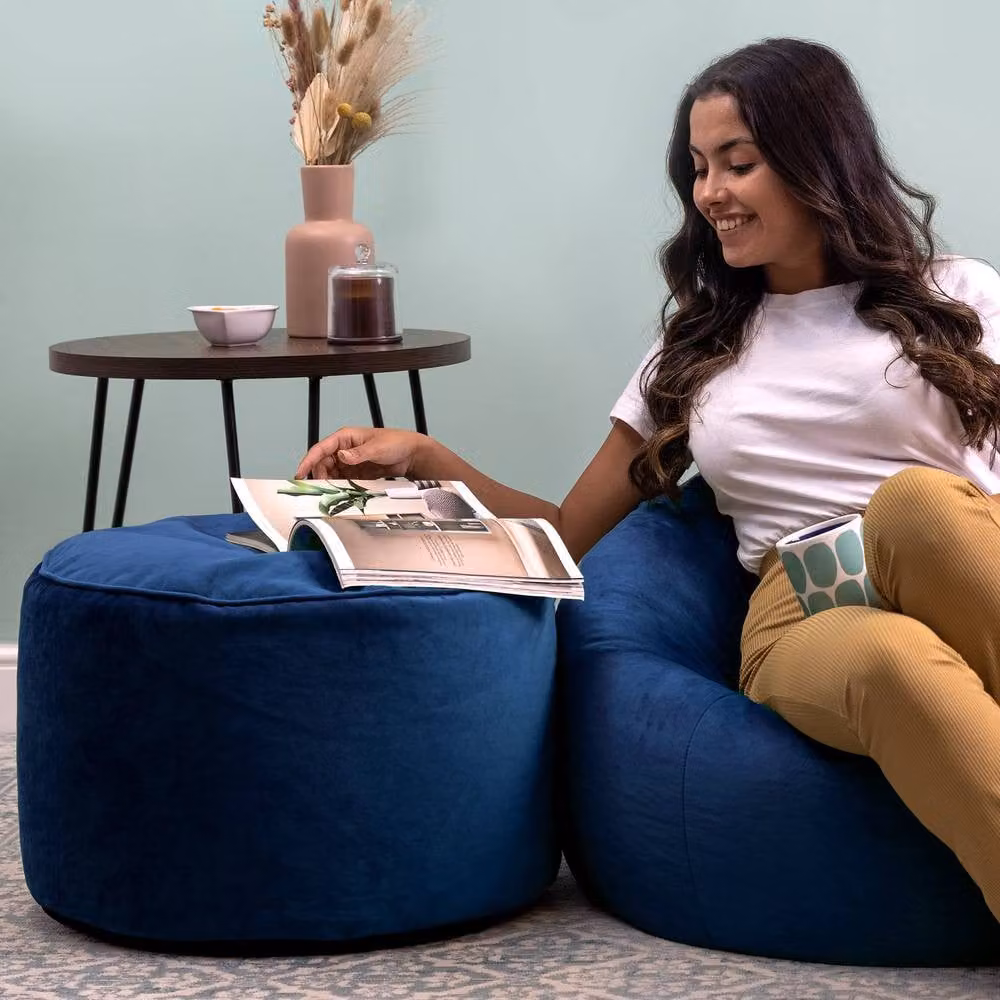 icon Milano Navy Blue Velvet Round Bean Bag Footstool – 2