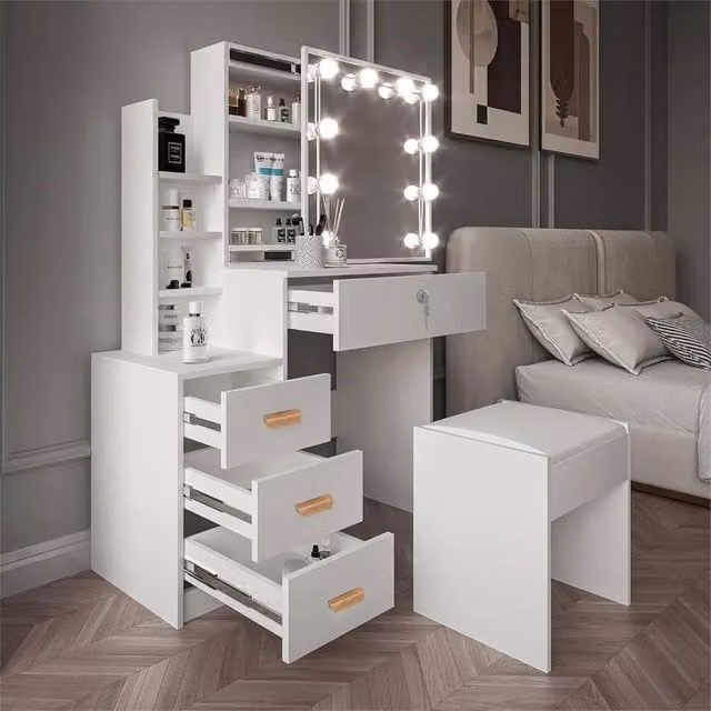 NESTLUNE Hollywood LED Vanity Dressing Table Set with Mirror, Drawers and Stool in White