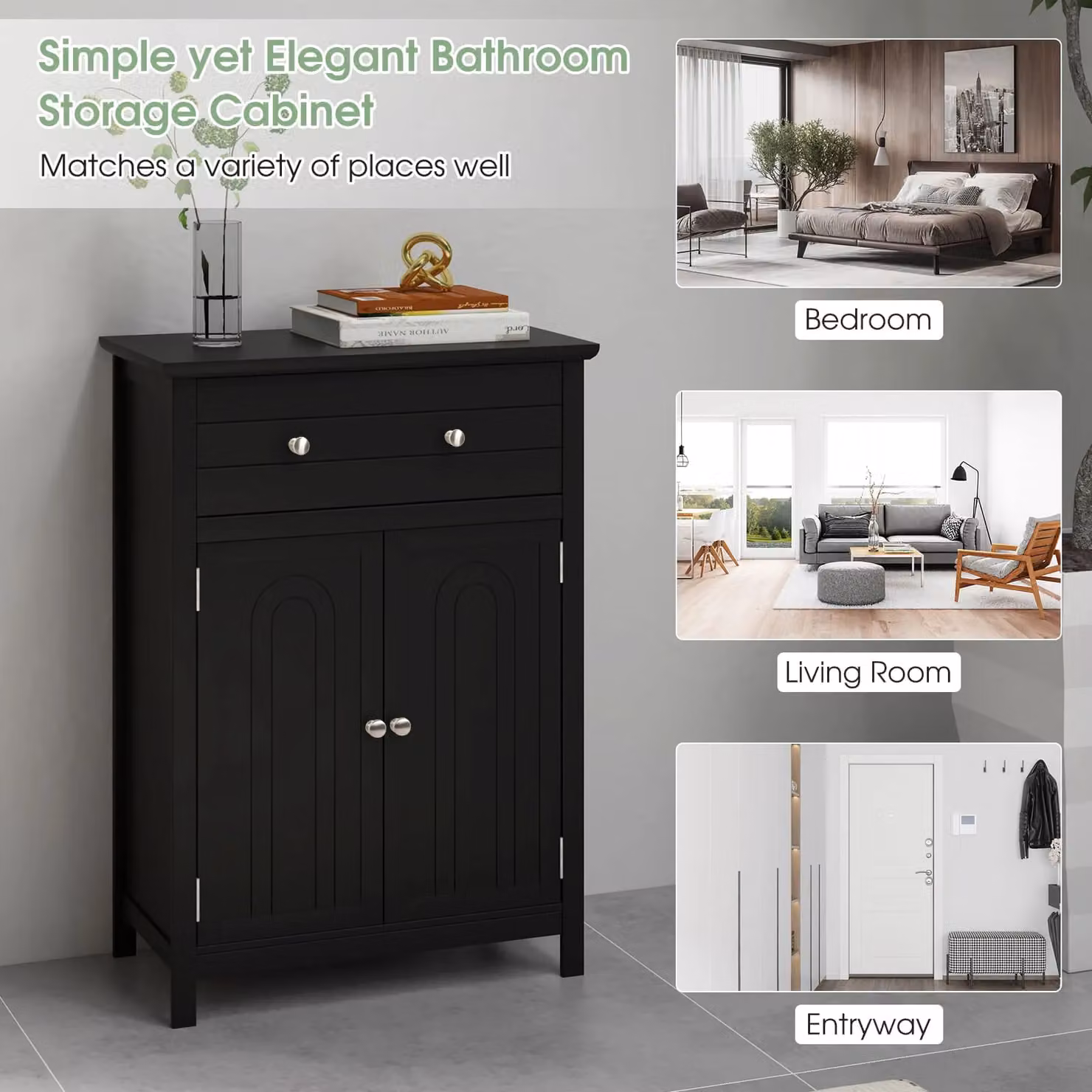 Gymax Black Freestanding Bathroom Storage Cabinet with Internal Shelves and Drawers – 4