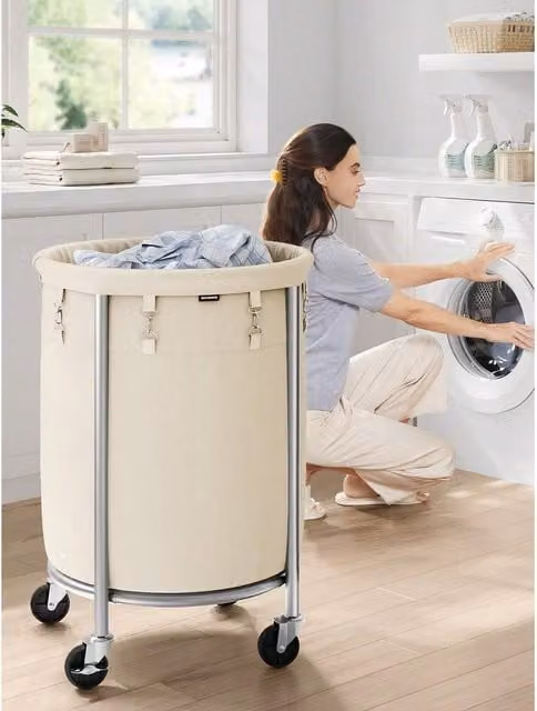 SONGMICS 110L Laundry Trolley on Wheels in White and Silver