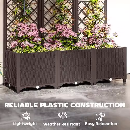 Outsunny Raised Garden Bed with Trellis in Brown Plastic WPC for Vegetable and Herb Gardens, W/D/H: 140 x 40 x 40 cm – 2