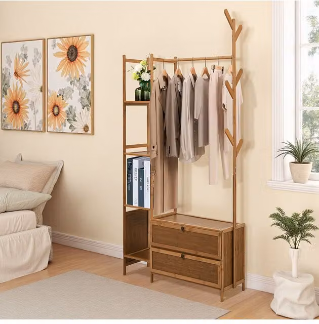 Living and Home Freestanding Bamboo Clothes Rack with Storage Shelves in Brown