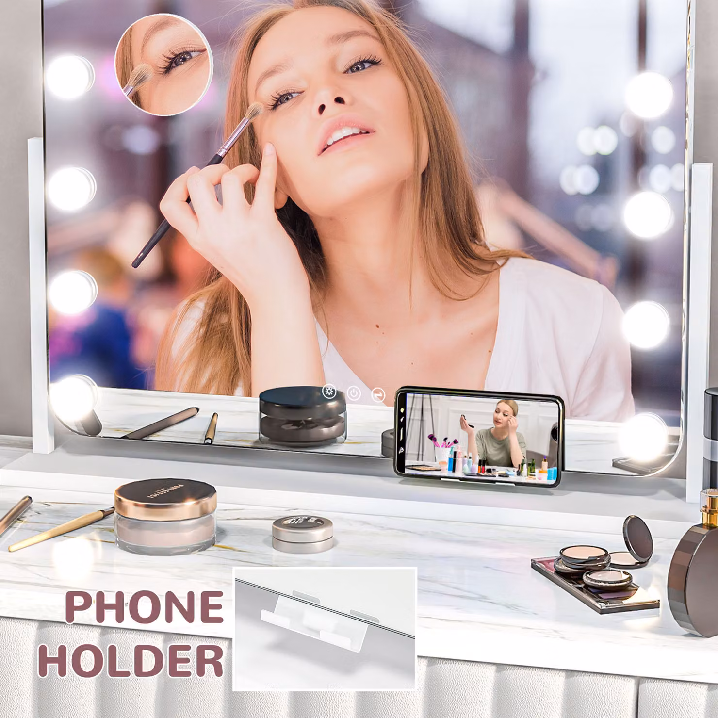 HOMCOM Hollywood Tabletop Vanity Mirror with LED Lights, 10X Magnifying, USB Charging Port, White, W: 63 cm, H: 50 cm, D: 63 cm – 4