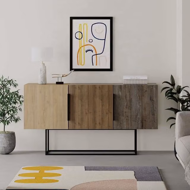 Decortie Modern Brown Wood Sideboard Cabinet Storage Console, 2 Pack