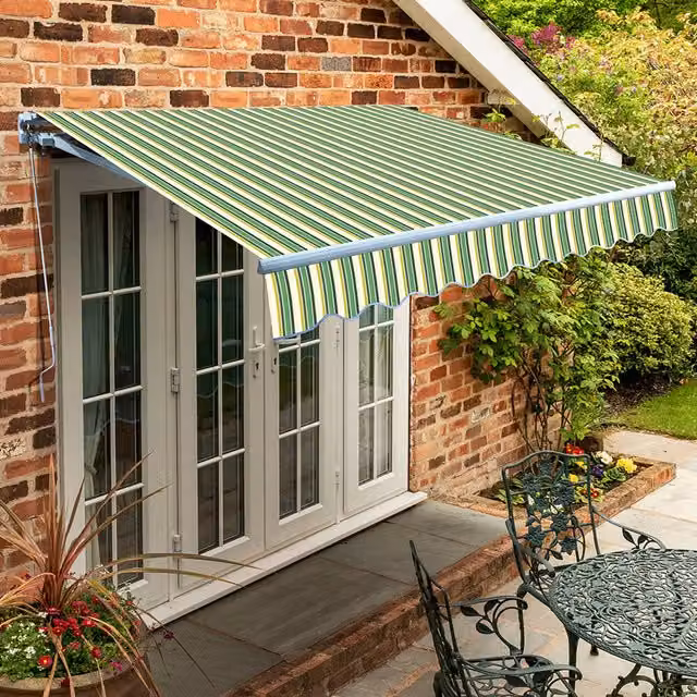 Primrose Manual Wall-Mounted Garden Patio Awning Canopy with Green Striped Fabric and Aluminium Frame