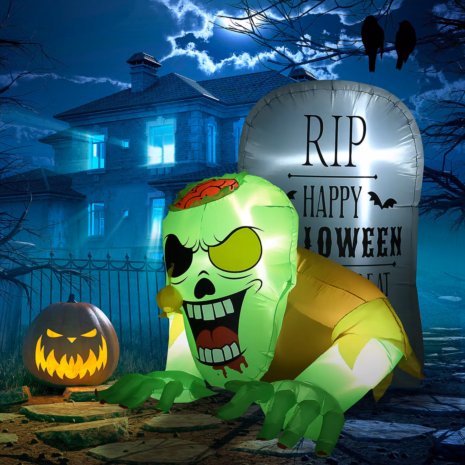 HOMCOM 5ft Halloween Inflatable Ghost and Tombstone Outdoor Decorations with Built-in LED Lights, Multicolour – 2
