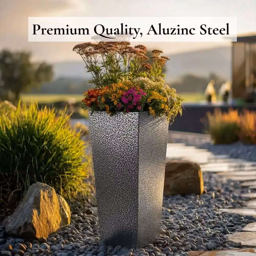 Access Garden Products Tall Tapered Square Planter, Galvanised Steel, Silver and Black, Height: 90 cm – 6