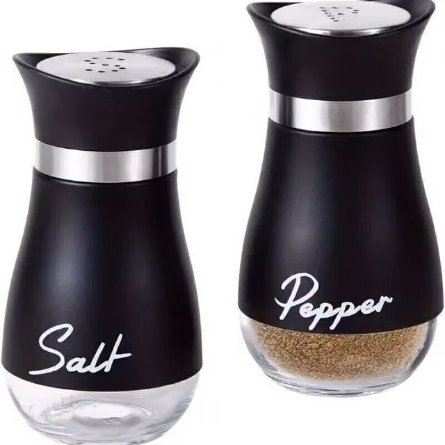 VOGREX Black Refillable Salt and Pepper Shaker Set with Glass Bottles and Stainless Steel Accents