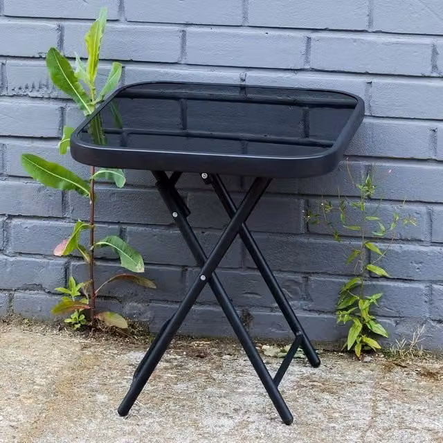 SPETLEK Folding Side Table with Black Glass Top and Metal Frame