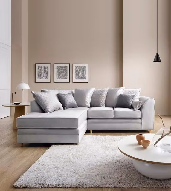 Abakus Direct Chicago Left Hand Facing L-Shape Corner Sofa in Light Grey Velvet with Scatter Cushions