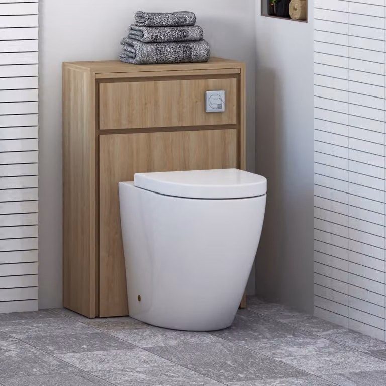 Livora Natural Oak Wall Mounted WC Unit with Elva White Ceramic Rimless Short Projection Toilet Pan, Soft Close Seat and Cistern, Width: 55.5 cm