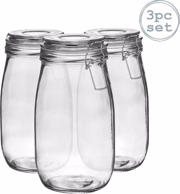 Argon Tableware Set of 3 Glass Storage Jars with Clip Seal, Orange and Transparent, 1.5 l