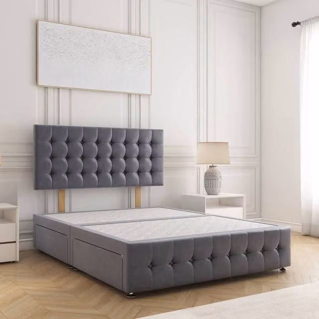 BSSPOKE Eva Plush Velvet Divan Bed Set with 24 inch Headboard and 4 Drawers, Charcoal Grey, W/D/H: 140 x 200 cm