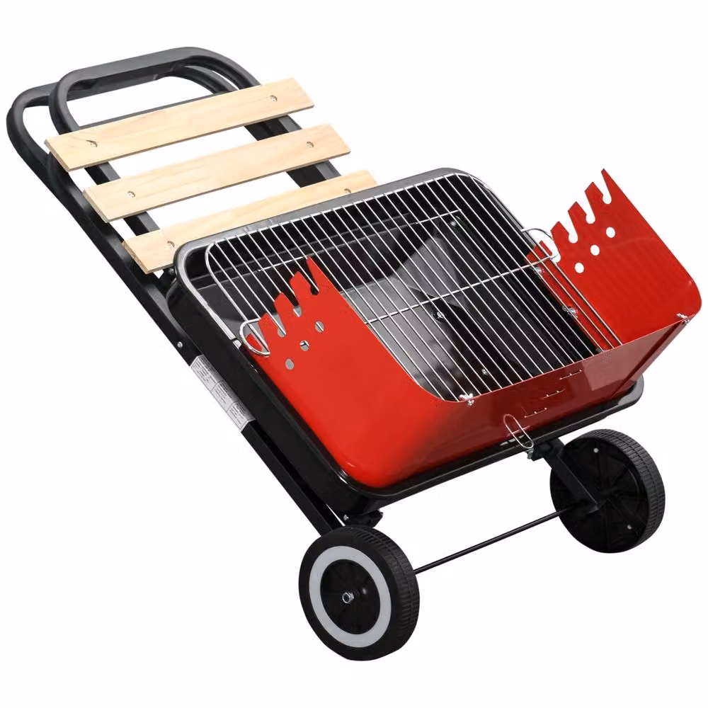 Rolipo Charcoal Trolley BBQ Grill with Side Trays in Black and Red – 2