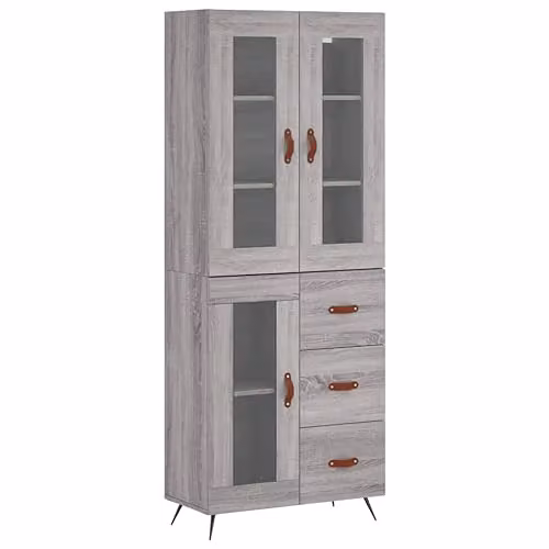 vidaXL Grey Sonoma Highboard with Glass Doors, W/D/H: 69.5 x 34 x 180 cm