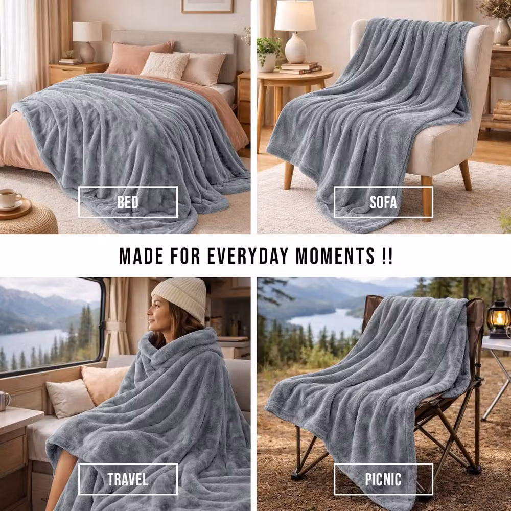 Grace Super Soft Reversible Double Face Flannel Fleece Blanket in Silver, W: 220 cm, D: 240 cm – 4
