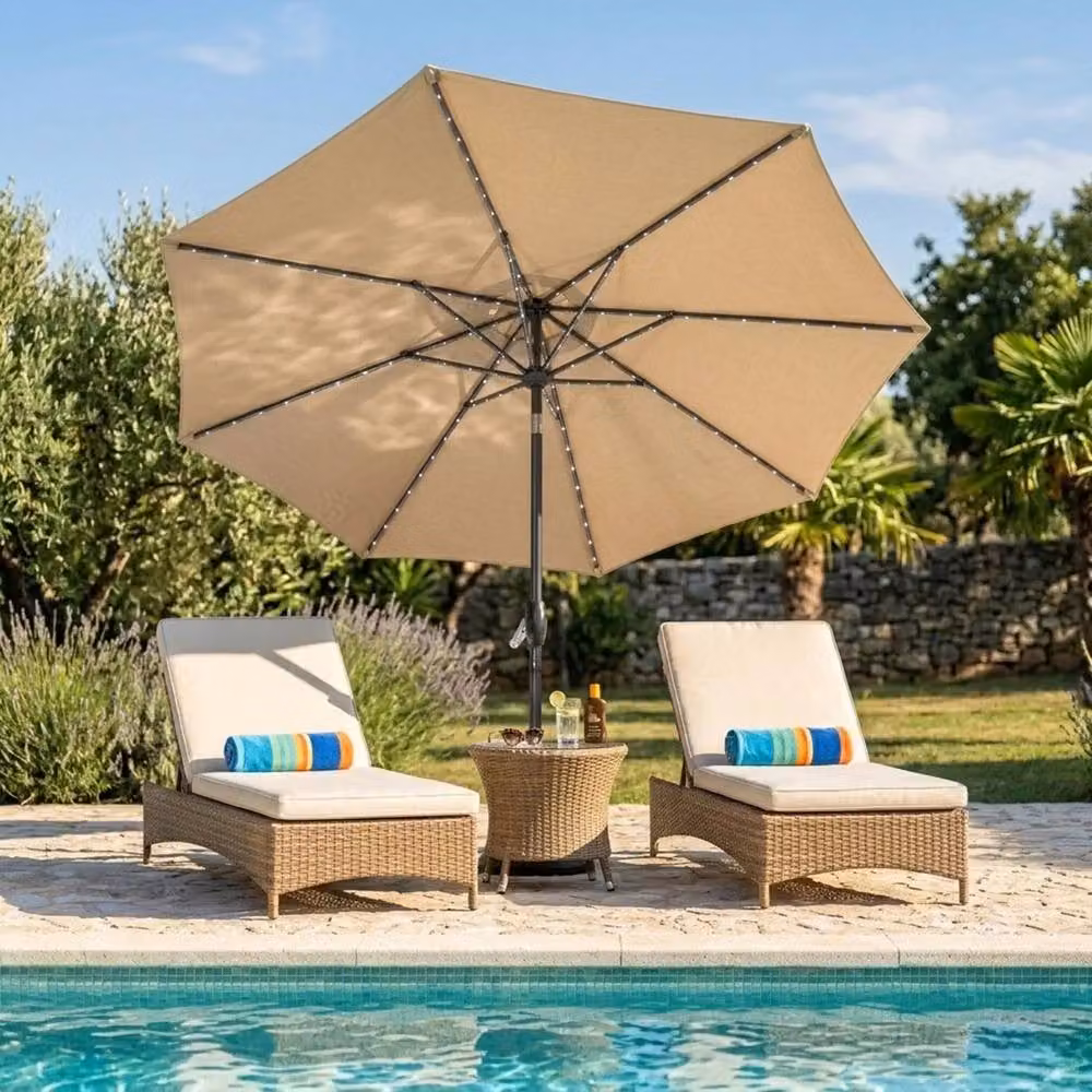 Monstershop LED Tilt Parasol in Beige with Steel Frame and Polyester Canopy, Diameter: 270 cm – 2