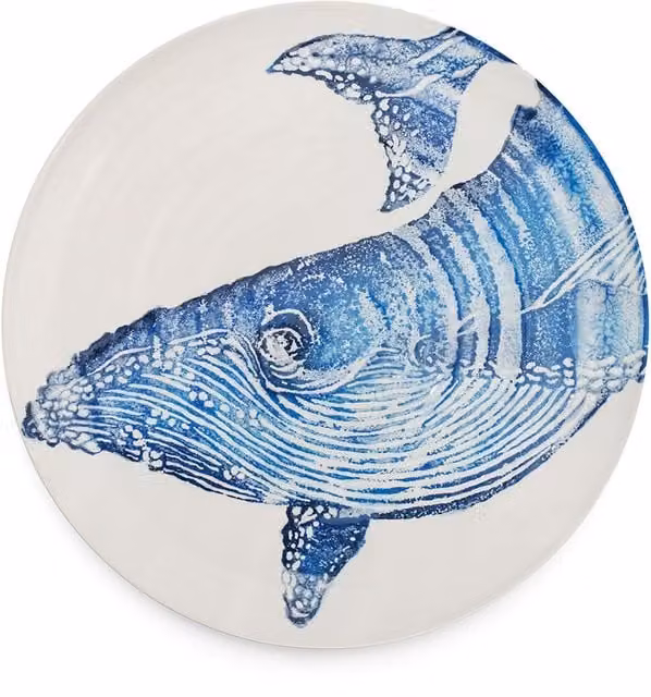 BlissHome Creatures Ceramic Round Platter with Blue Whale Design, White, Diameter: 37 cm – 1